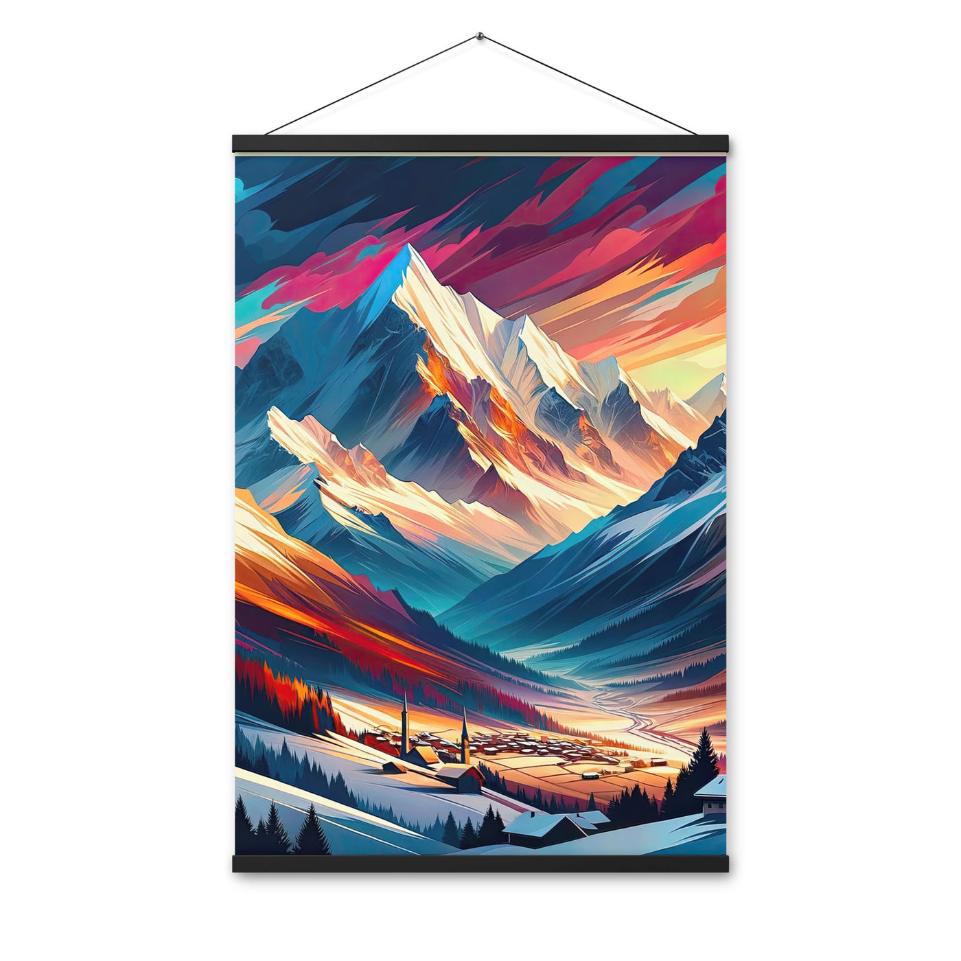 Moderne geometrische Alpen Kunst: Warmer Sonnenuntergangs Schein auf Schneegipfeln - Premium Poster mit Aufhängung berge xxx yyy zzz 61 x 91.4 cm