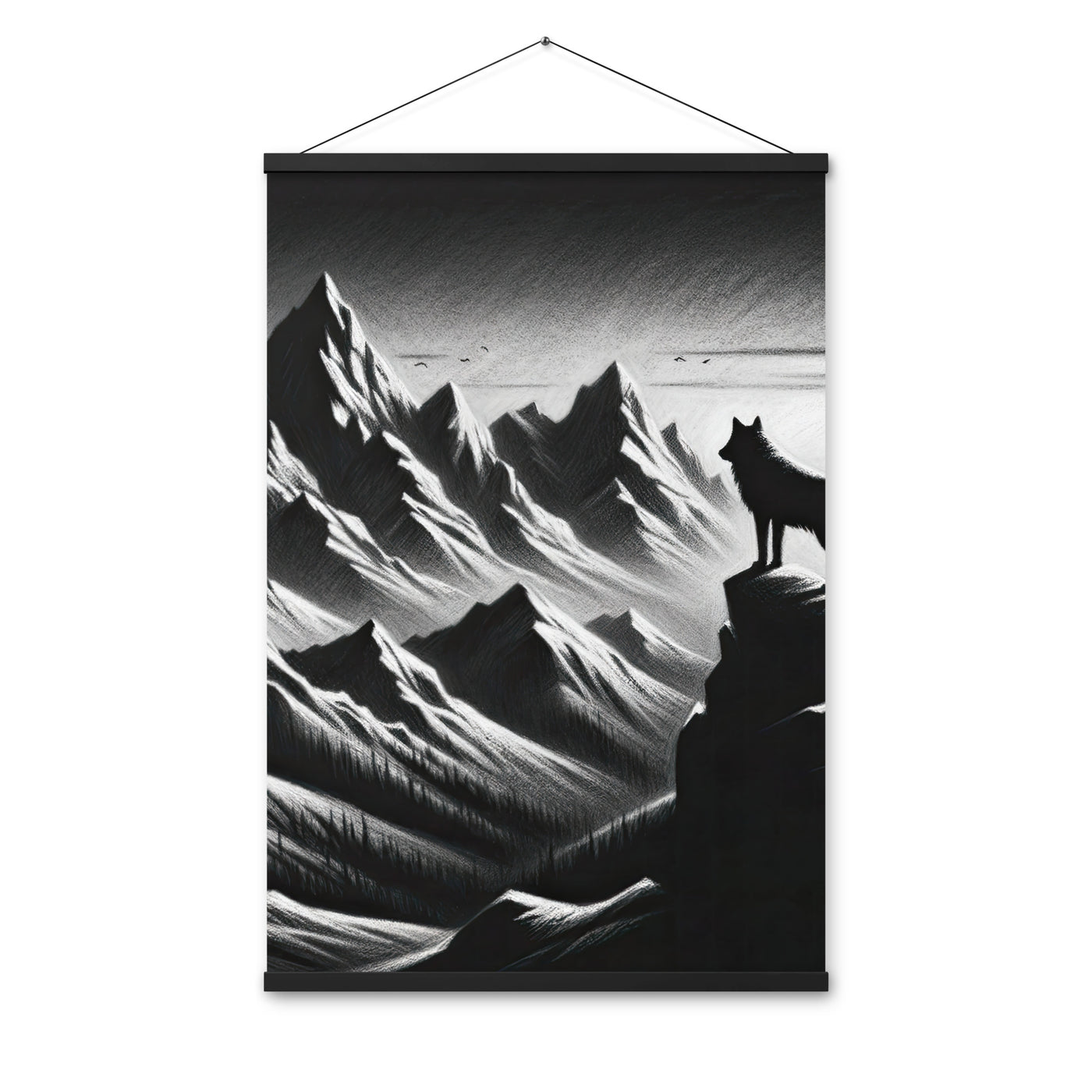 Kohlezeichnung, die die stille Stille der Alpen in der Winterdämmerung verkörpert. Wolf auf einem Berghügel (AN) - Enhanced Matte Paper xxx yyy zzz 61 x 91.4 cm