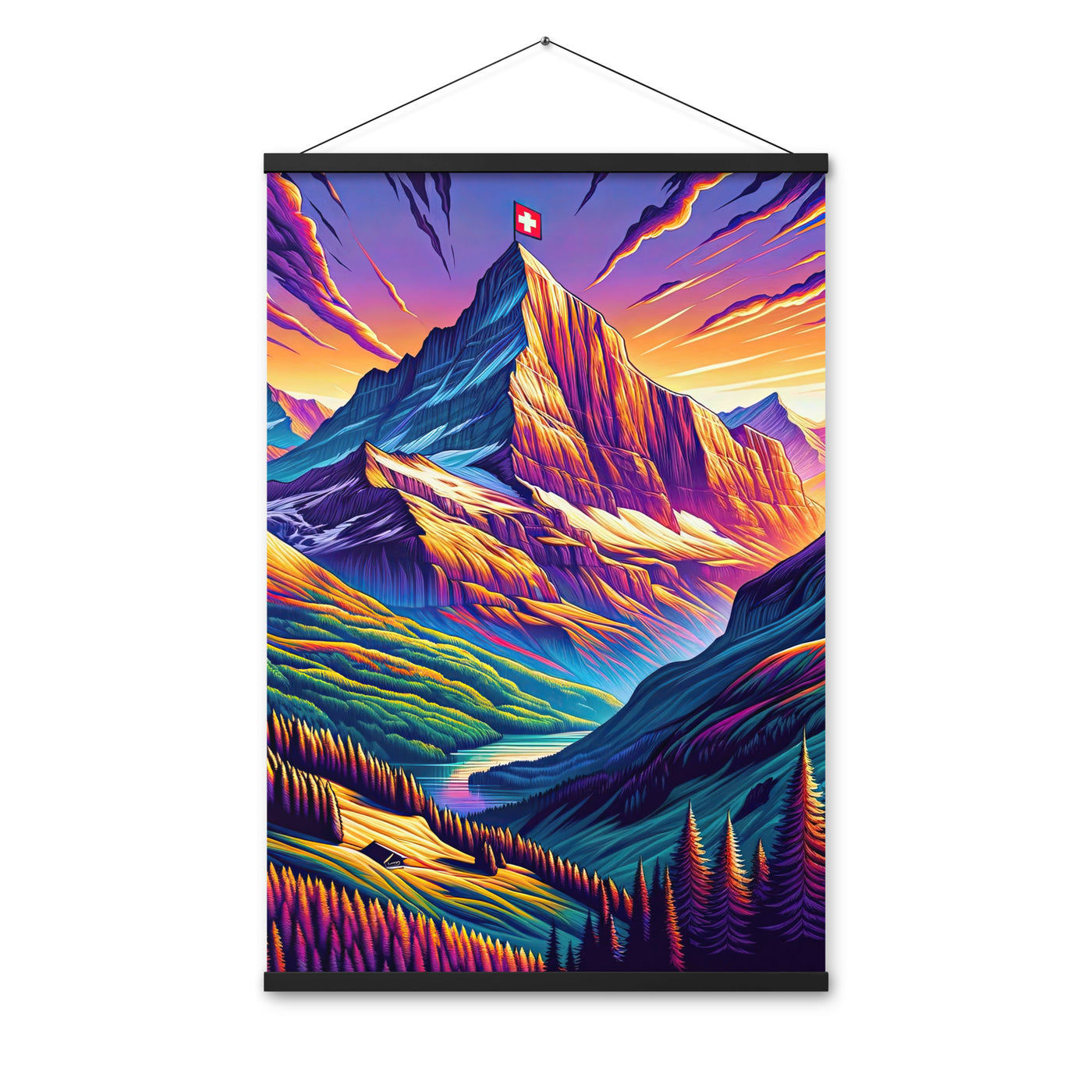 Bergpracht mit Schweizer Flagge: Farbenfrohe Illustration einer Berglandschaft - Premium Poster mit Aufhängung berge xxx yyy zzz 61 x 91.4 cm