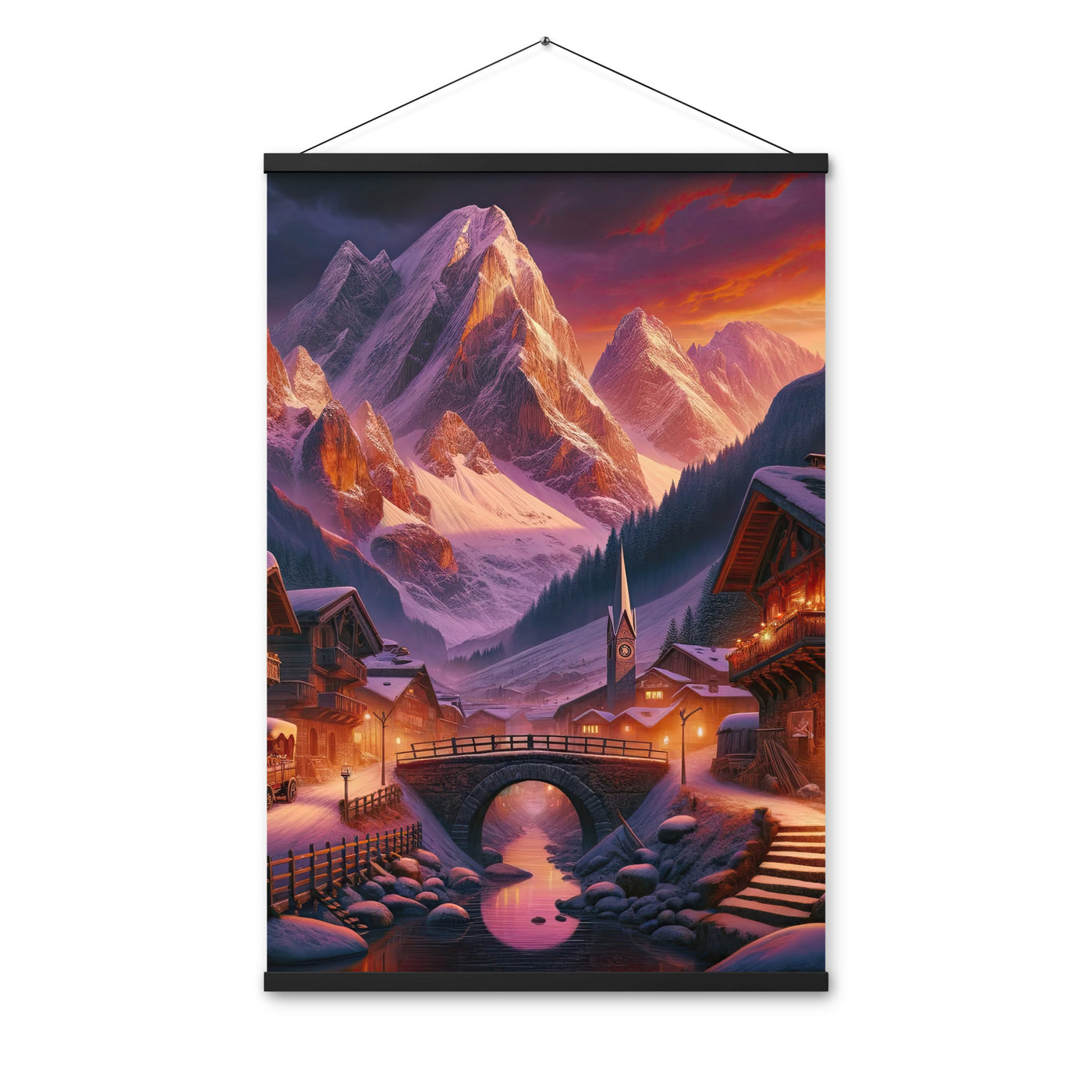 Magische Alpenstunde: Digitale Kunst mit warmem Himmelsschein über schneebedeckte Berge - Premium Poster mit Aufhängung berge xxx yyy zzz 61 x 91.4 cm