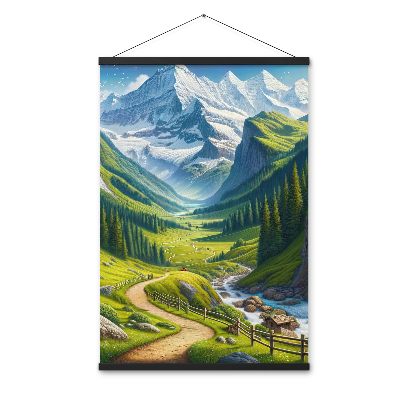 Wanderer in den Bergen und Wald: Digitale Malerei mit grünen kurvenreichen Pfaden - Premium Poster mit Aufhängung wandern xxx yyy zzz 61 x 91.4 cm