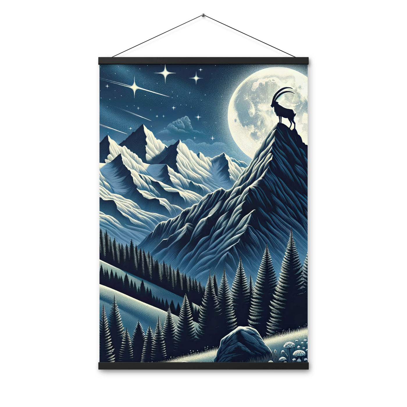 Steinbock in Alpennacht, silberne Berge und Sternenhimmel - Premium Poster mit Aufhängung berge xxx yyy zzz 61 x 91.4 cm