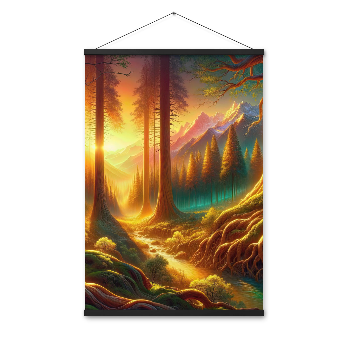 Golden-Stunde Alpenwald, Sonnenlicht durch Blätterdach - Premium Poster mit Aufhängung camping xxx yyy zzz 61 x 91.4 cm