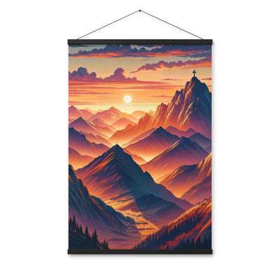 Dramatischer Alpen-Sonnenuntergang, Gipfelkreuz in Orange-Rosa - Premium Poster mit Aufhängung berge xxx yyy zzz 61 x 91.4 cm