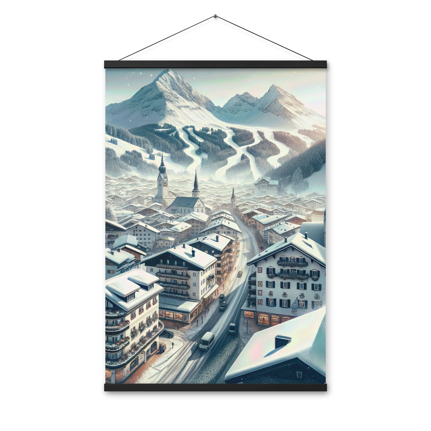 Winter in Kitzbühel: Digitale Malerei von schneebedeckten Dächern - Premium Poster mit Aufhängung berge xxx yyy zzz 61 x 91.4 cm