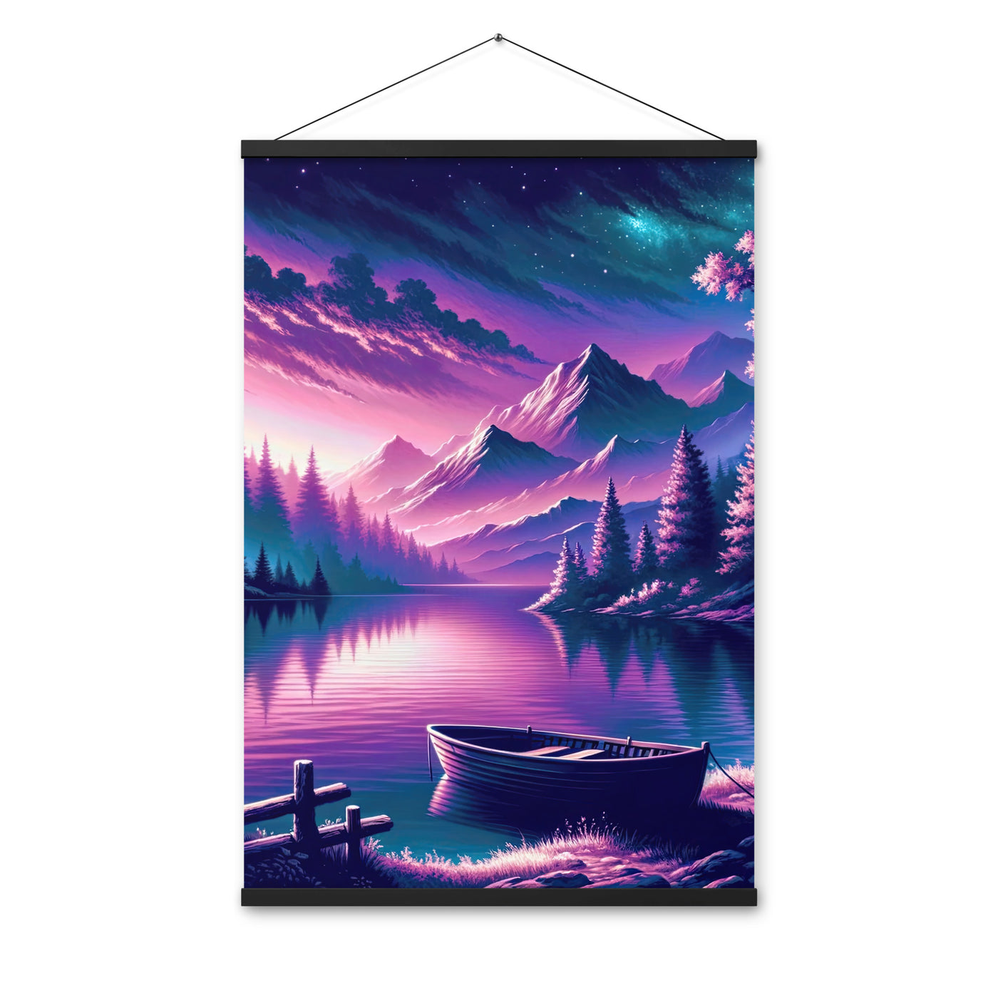 Magische Alpen-Dämmerung, rosa-lila Himmel und Bergsee mit Boot - Premium Poster mit Aufhängung berge xxx yyy zzz 61 x 91.4 cm