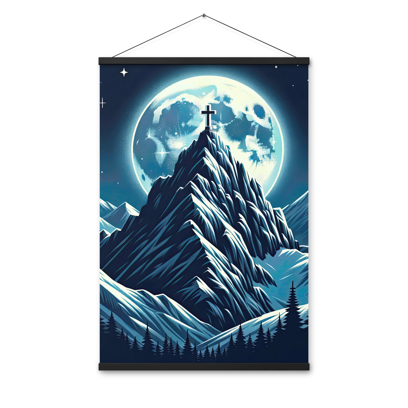 Mondnacht und Gipfelkreuz in den Alpen, glitzernde Schneegipfel - Premium Poster mit Aufhängung berge xxx yyy zzz 61 x 91.4 cm