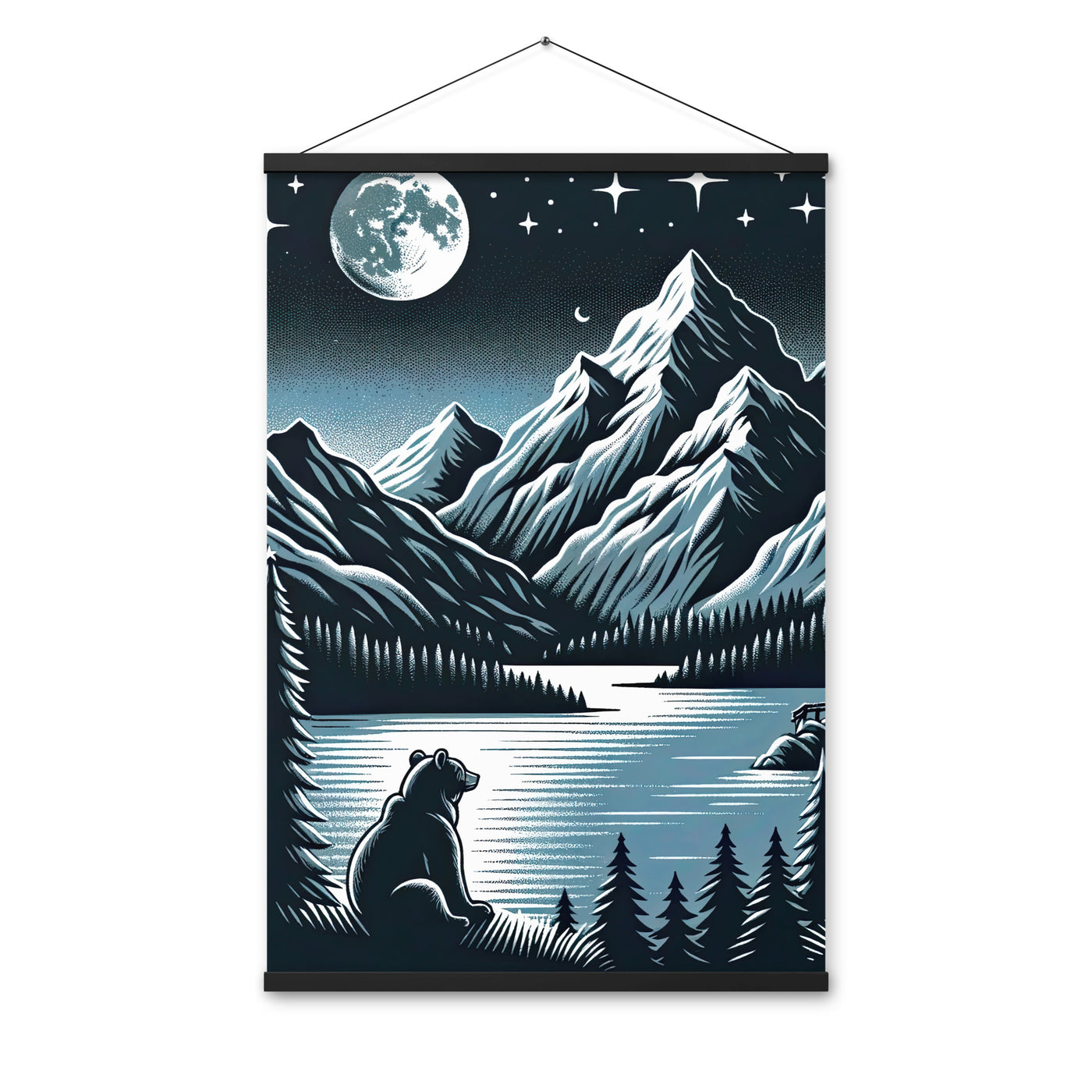 Bär in Alpen-Mondnacht, silberne Berge, schimmernde Seen - Premium Poster mit Aufhängung camping xxx yyy zzz 61 x 91.4 cm
