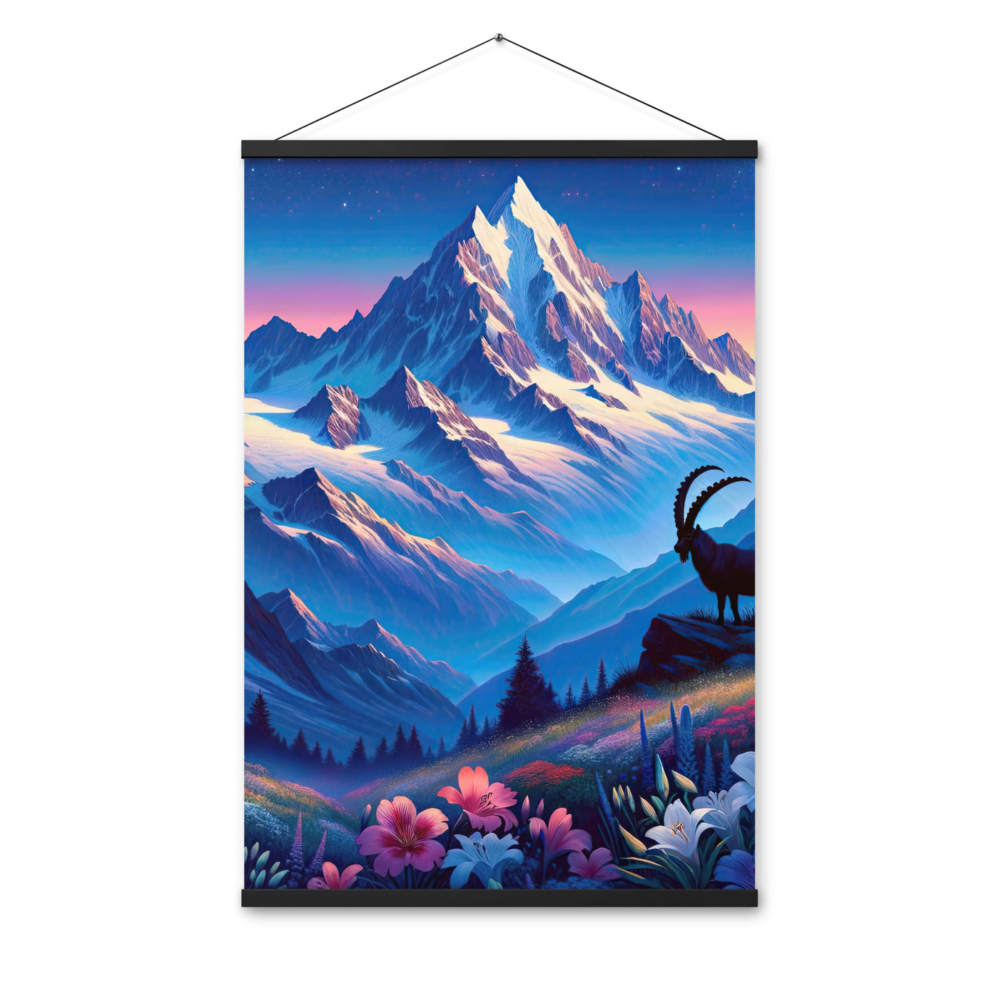 Steinbock bei Dämmerung in den Alpen, sonnengeküsste Schneegipfel - Premium Poster mit Aufhängung berge xxx yyy zzz 61 x 91.4 cm