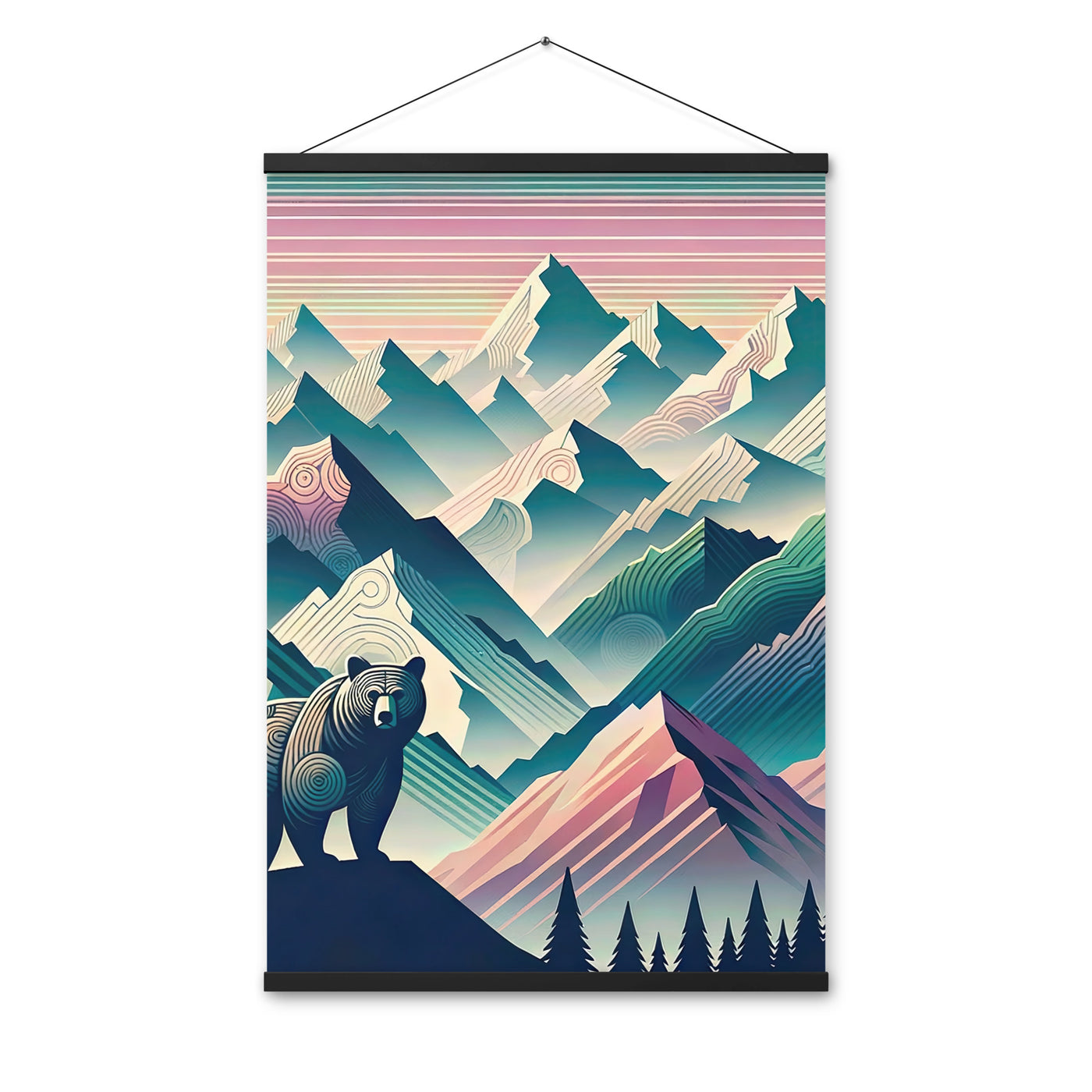 Bär im Panoramablick der Alpen, moderne Kunst-Gebirgsschichten - Premium Poster mit Aufhängung camping xxx yyy zzz 61 x 91.4 cm