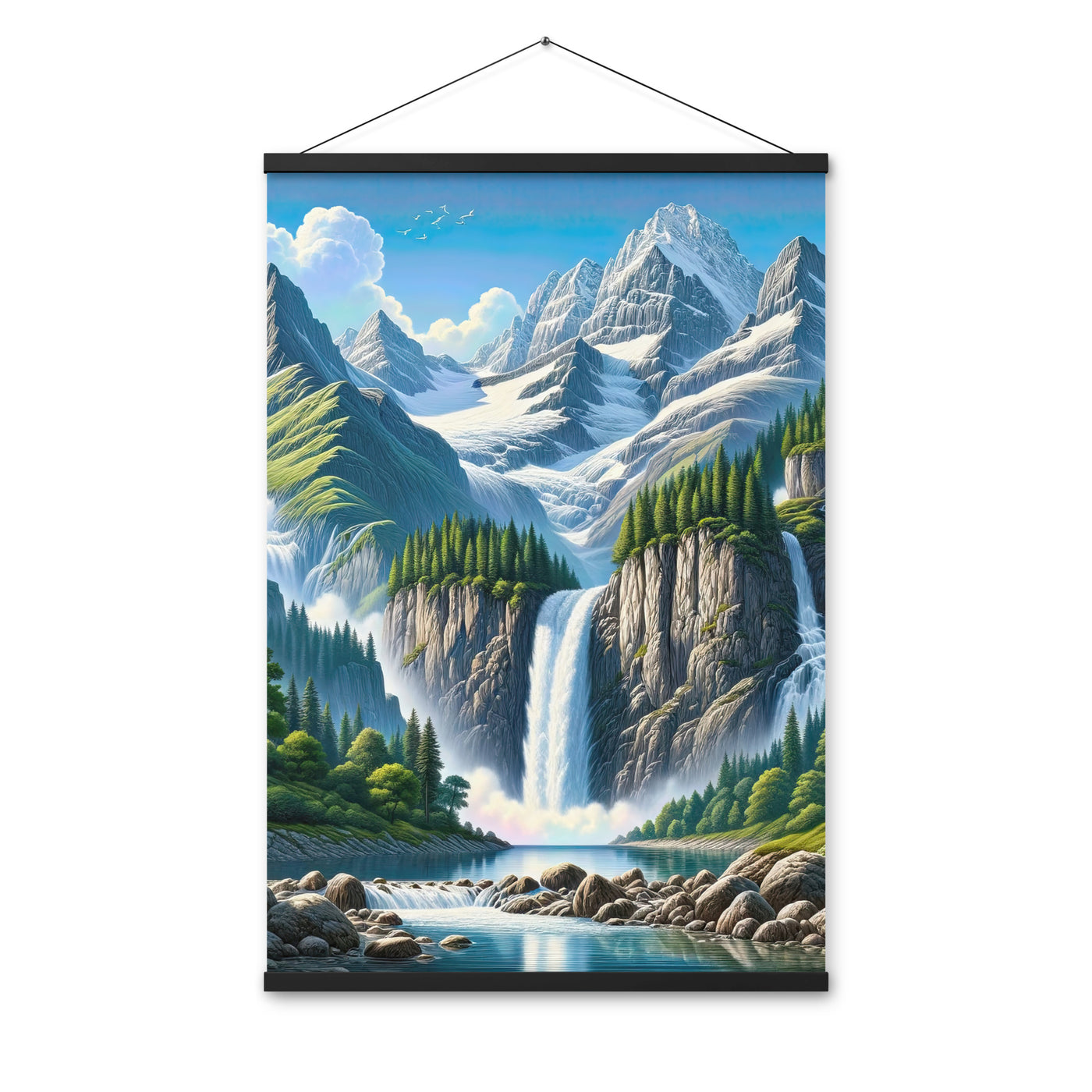 Illustration einer unberührten Alpenkulisse im Hochsommer. Wasserfall und See - Premium Poster mit Aufhängung berge xxx yyy zzz 61 x 91.4 cm
