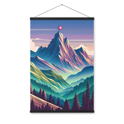Harmonische Berglandschaft mit Schweizer Flagge auf Gipfel - Premium Poster mit Aufhängung berge xxx yyy zzz 61 x 91.4 cm