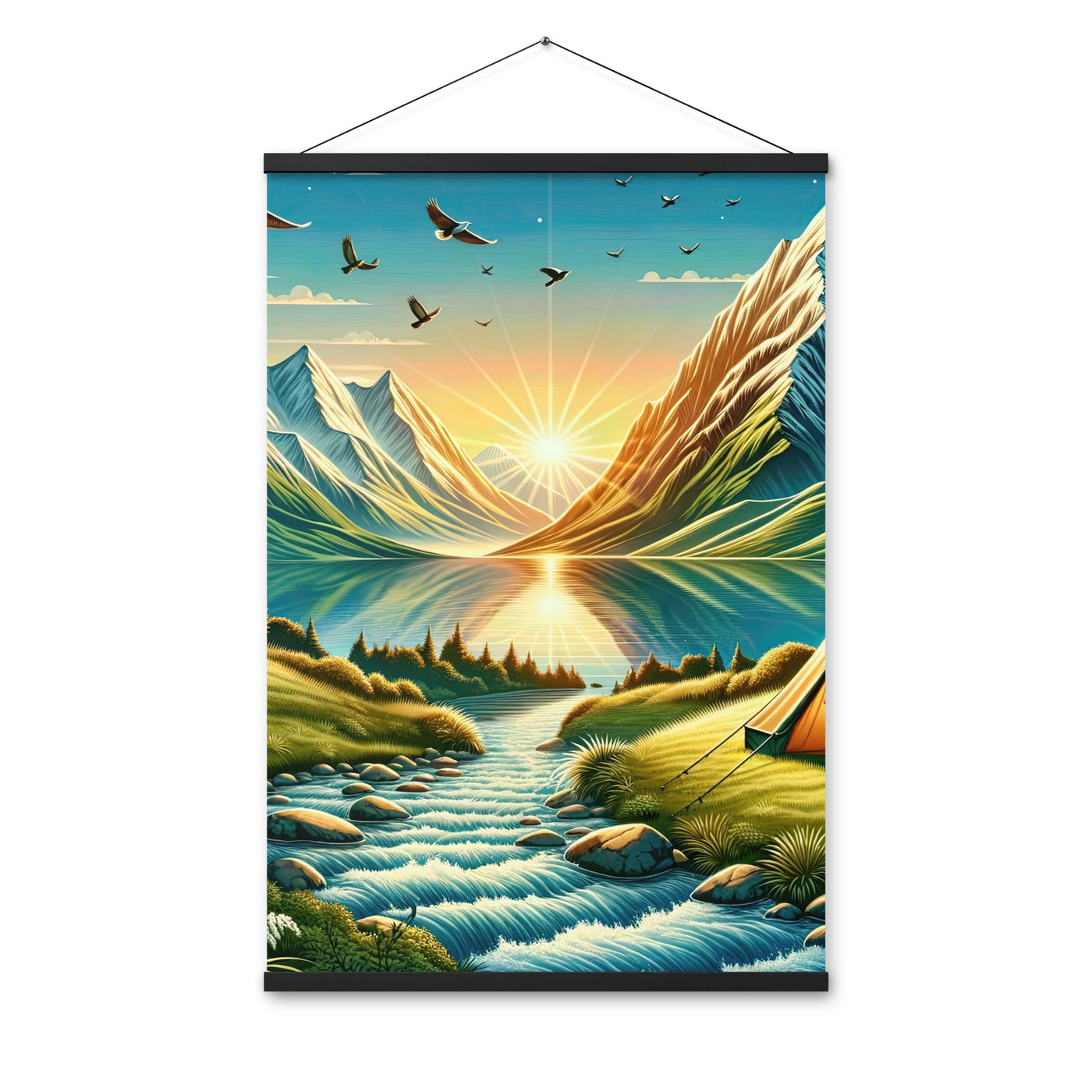 Zelt im Alpenmorgen mit goldenem Licht, Schneebergen und unberührten Seen - Premium Poster mit Aufhängung berge xxx yyy zzz 61 x 91.4 cm