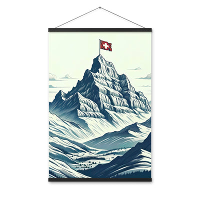 Ausgedehnte Bergkette mit dominierendem Gipfel und wehender Schweizer Flagge - Premium Poster mit Aufhängung berge xxx yyy zzz 61 x 91.4 cm