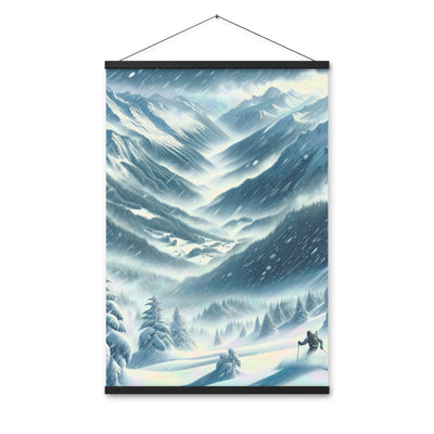 Alpine Wildnis im Wintersturm mit Skifahrer, verschneite Landschaft - Premium Poster mit Aufhängung klettern ski xxx yyy zzz 61 x 91.4 cm