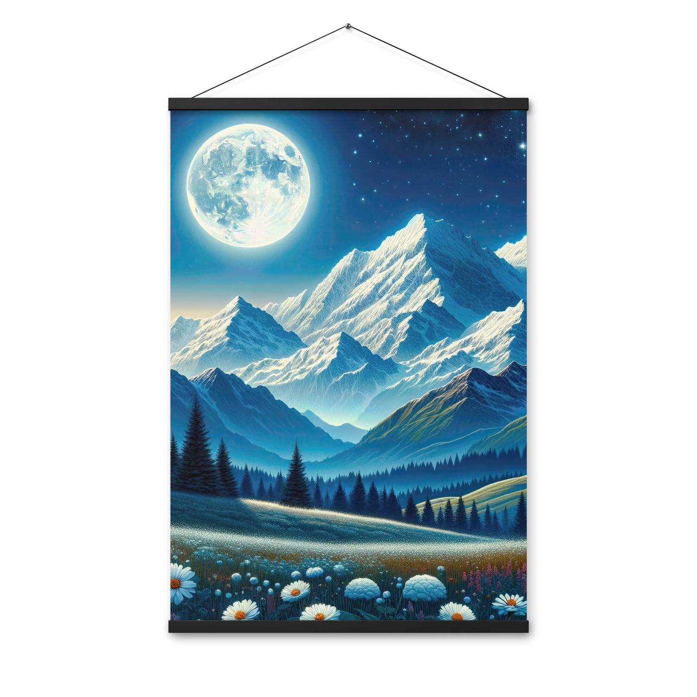 Klare frühlingshafte Alpennacht mit Blumen und Vollmond über Schneegipfeln - Premium Poster mit Aufhängung berge xxx yyy zzz 61 x 91.4 cm