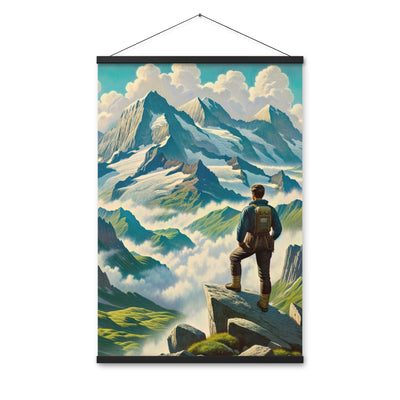 Panoramablick der Alpen mit Wanderer auf einem Hügel und schroffen Gipfeln - Premium Poster mit Aufhängung wandern xxx yyy zzz 61 x 91.4 cm