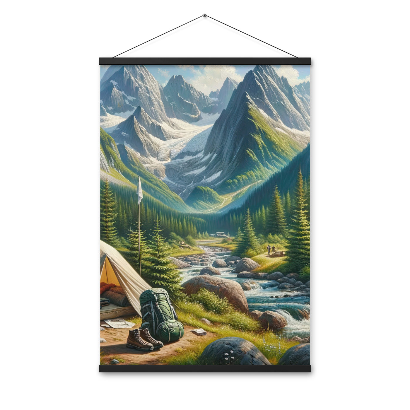 Ölgemälde der Alpensommerlandschaft mit Zelt, Gipfeln, Wäldern und Bächen - Premium Poster mit Aufhängung camping xxx yyy zzz 61 x 91.4 cm