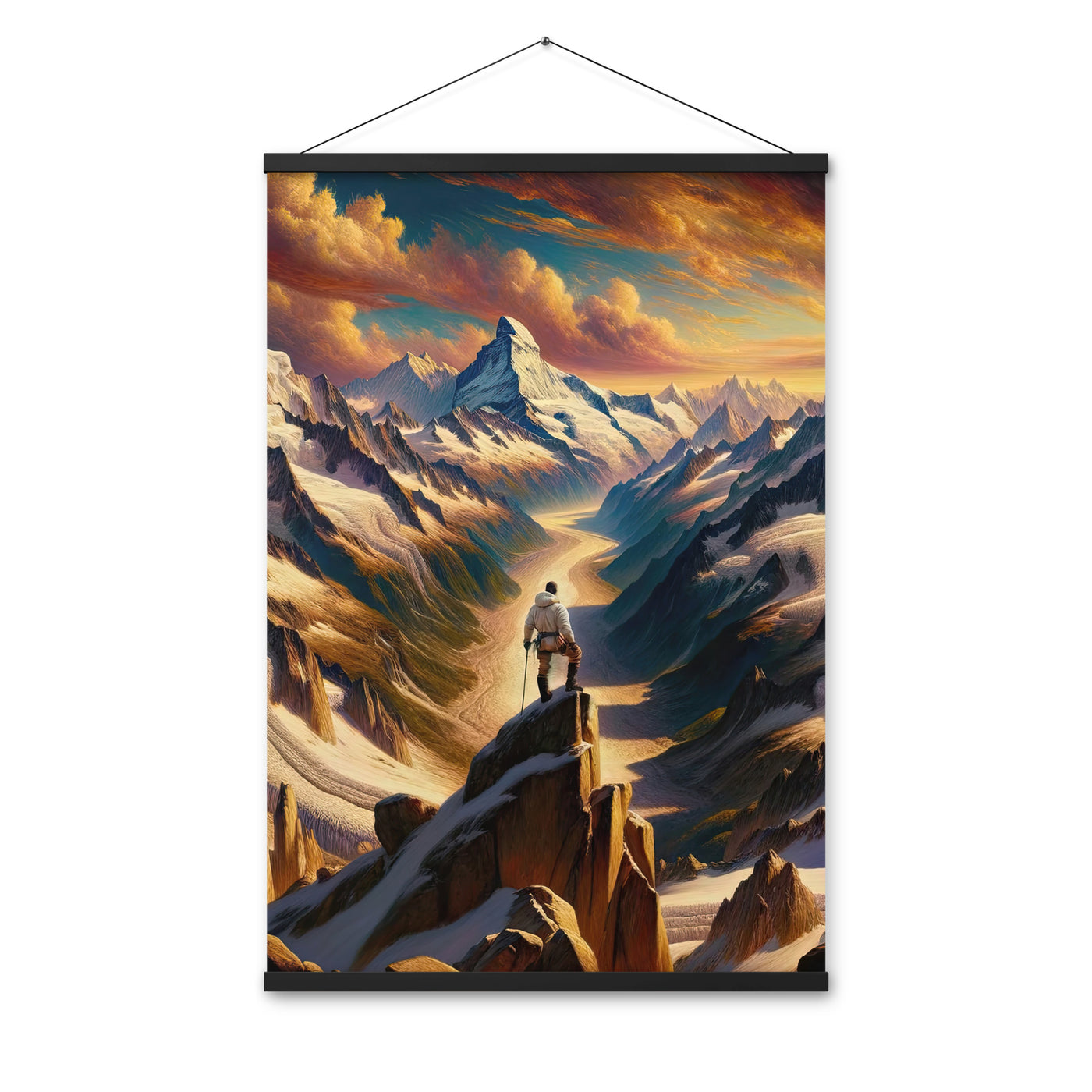 Ölgemälde eines Wanderers auf einem Hügel mit Panoramablick auf schneebedeckte Alpen und goldenen Himmel - Enhanced Matte Paper Poster wandern xxx yyy zzz 61 x 91.4 cm