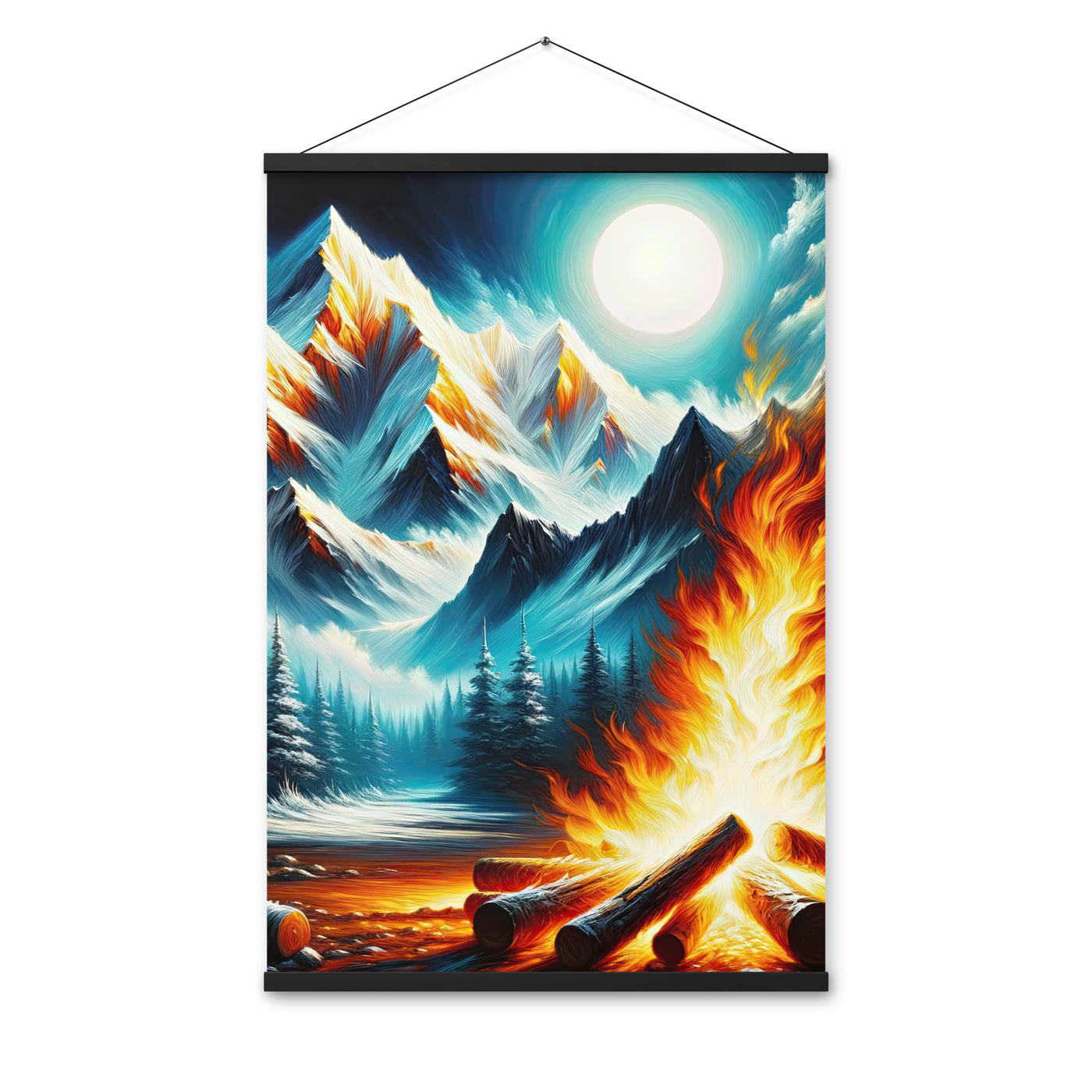 Ölgemälde von Feuer und Eis: Lagerfeuer und Alpen im Kontrast, warme Flammen - Premium Poster mit Aufhängung camping xxx yyy zzz 61 x 91.4 cm