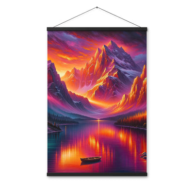 Ölgemälde eines Bootes auf einem Bergsee bei Sonnenuntergang, lebendige Orange-Lila Töne - Premium Poster mit Aufhängung berge xxx yyy zzz 61 x 91.4 cm