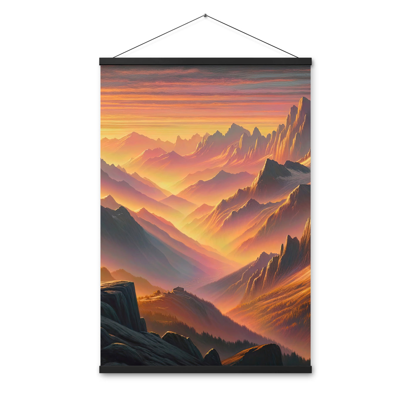 Ölgemälde der Alpen in der goldenen Stunde mit Wanderer, Orange-Rosa Bergpanorama - Premium Poster mit Aufhängung wandern xxx yyy zzz 61 x 91.4 cm