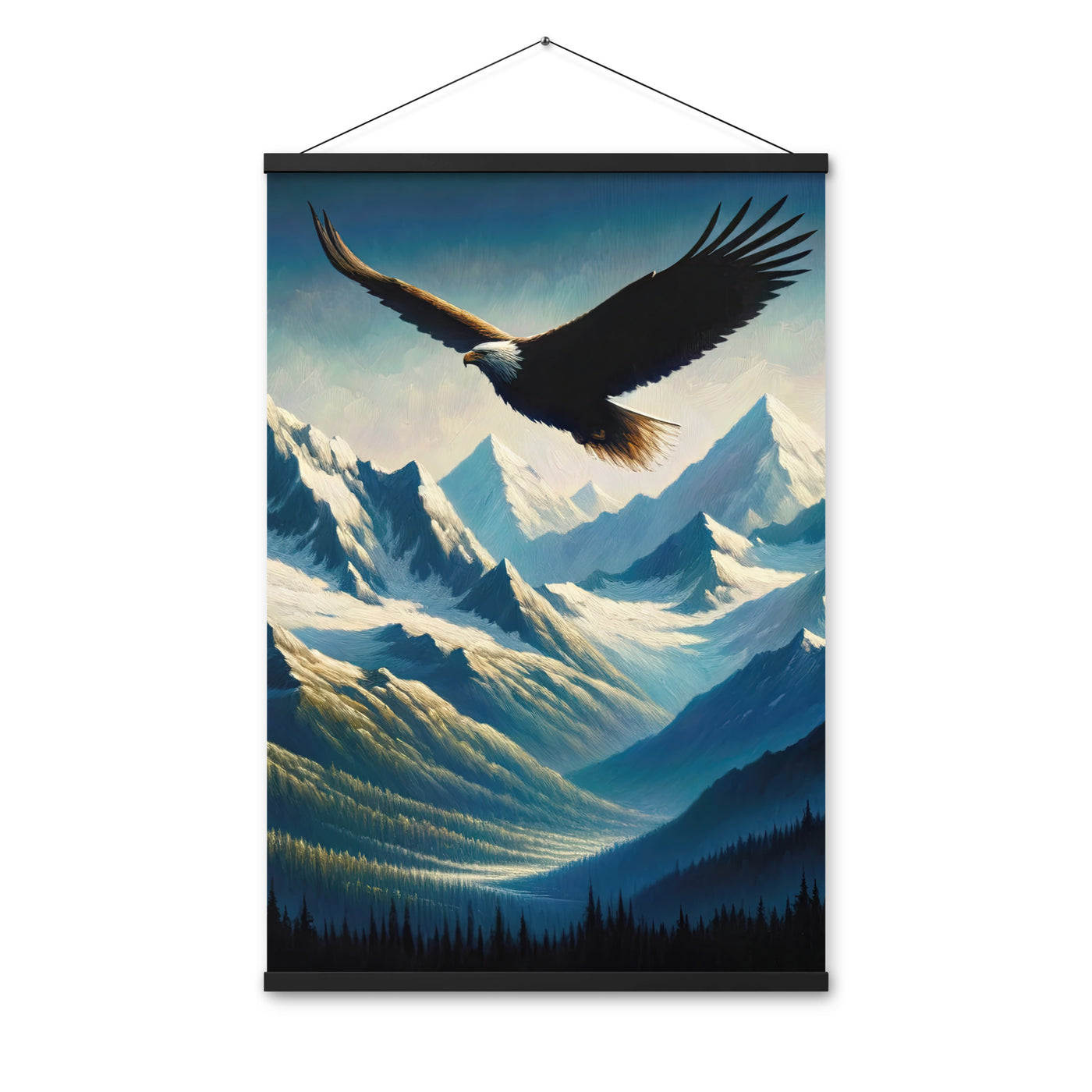 Ölgemälde eines Adlers vor schneebedeckten Bergsilhouetten - Premium Poster mit Aufhängung berge xxx yyy zzz 61 x 91.4 cm