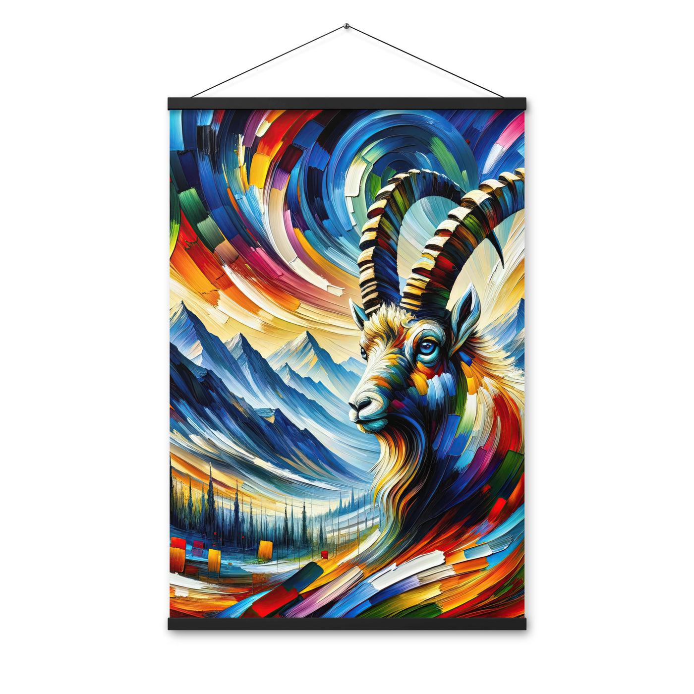 Alpen-Ölgemälde mit kräftigen Farben und Bergsteinbock in lebendiger Szenerie - Premium Poster mit Aufhängung berge xxx yyy zzz 61 x 91.4 cm