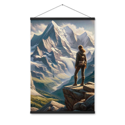 Ölgemälde der Alpengipfel mit Schweizer Abenteurerin auf Felsvorsprung - Premium Poster mit Aufhängung wandern xxx yyy zzz 61 x 91.4 cm