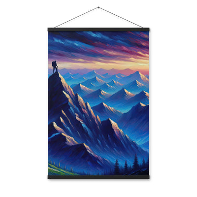 Ölgemälde eines ruhigen Alpenabends mit Bergsteigersilhouette auf dem Gipfel - Premium Poster mit Aufhängung wandern xxx yyy zzz 61 x 91.4 cm