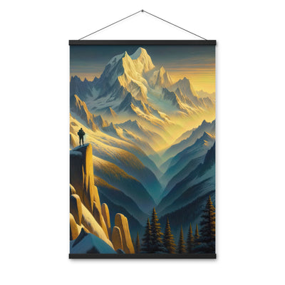 Ölgemälde eines Wanderers bei Morgendämmerung auf Alpengipfeln mit goldenem Sonnenlicht - Premium Poster mit Aufhängung wandern xxx yyy zzz 61 x 91.4 cm