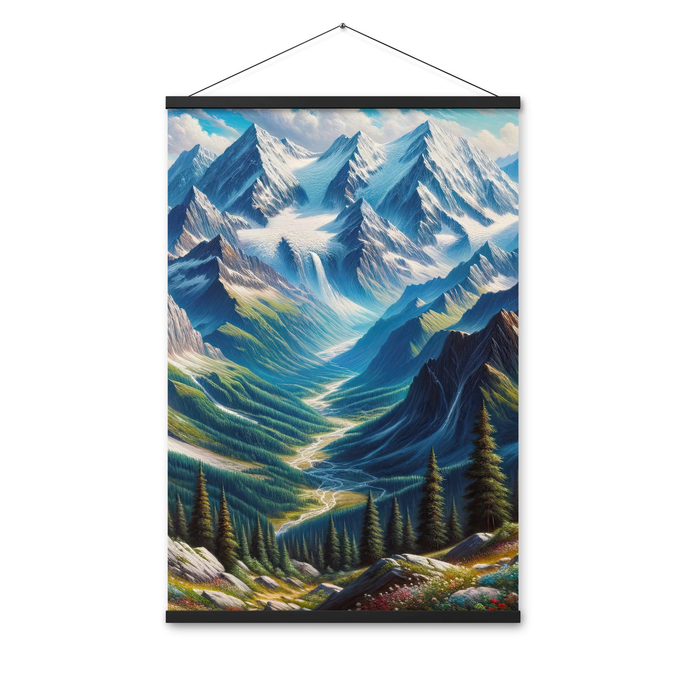 Panorama-Ölgemälde der Alpen mit schneebedeckten Gipfeln und schlängelnden Flusstälern - Premium Poster mit Aufhängung berge xxx yyy zzz 61 x 91.4 cm
