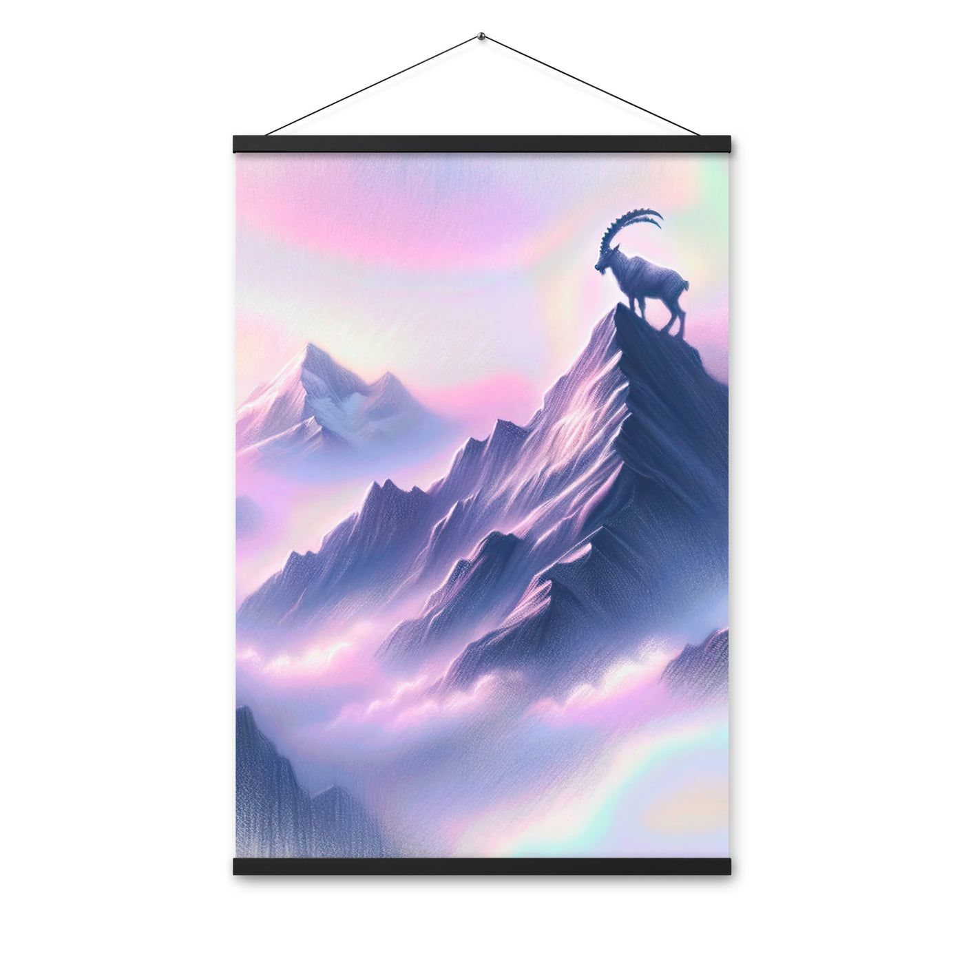 Pastellzeichnung der Alpen im Morgengrauen mit Steinbock in Rosa- und Lavendeltönen - Premium Poster mit Aufhängung berge xxx yyy zzz 61 x 91.4 cm