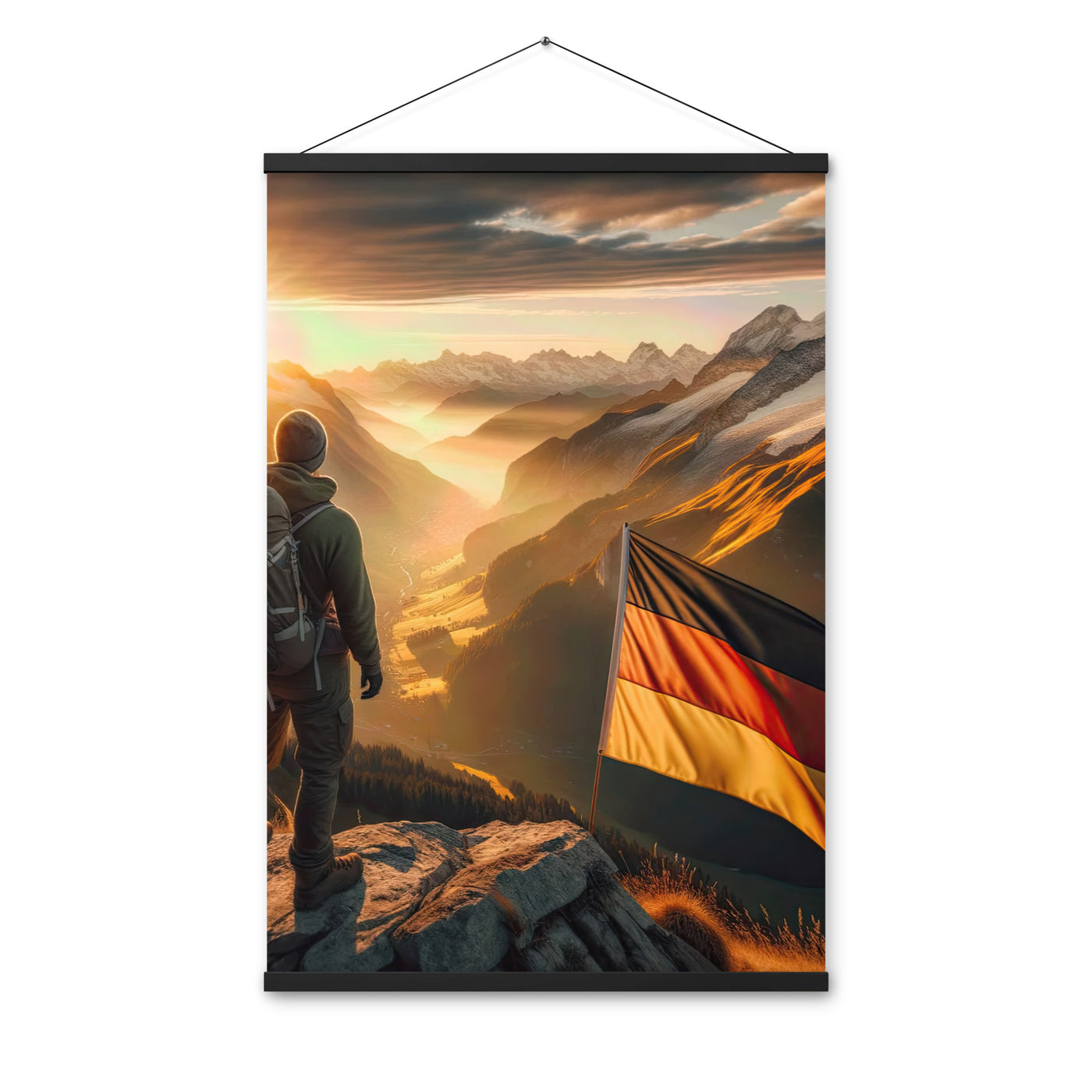Foto der Alpen bei Sonnenuntergang mit deutscher Flagge und Wanderer, goldenes Licht auf Schneegipfeln - Enhanced Matte Paper Poster berge xxx yyy zzz 61 x 91.4 cm