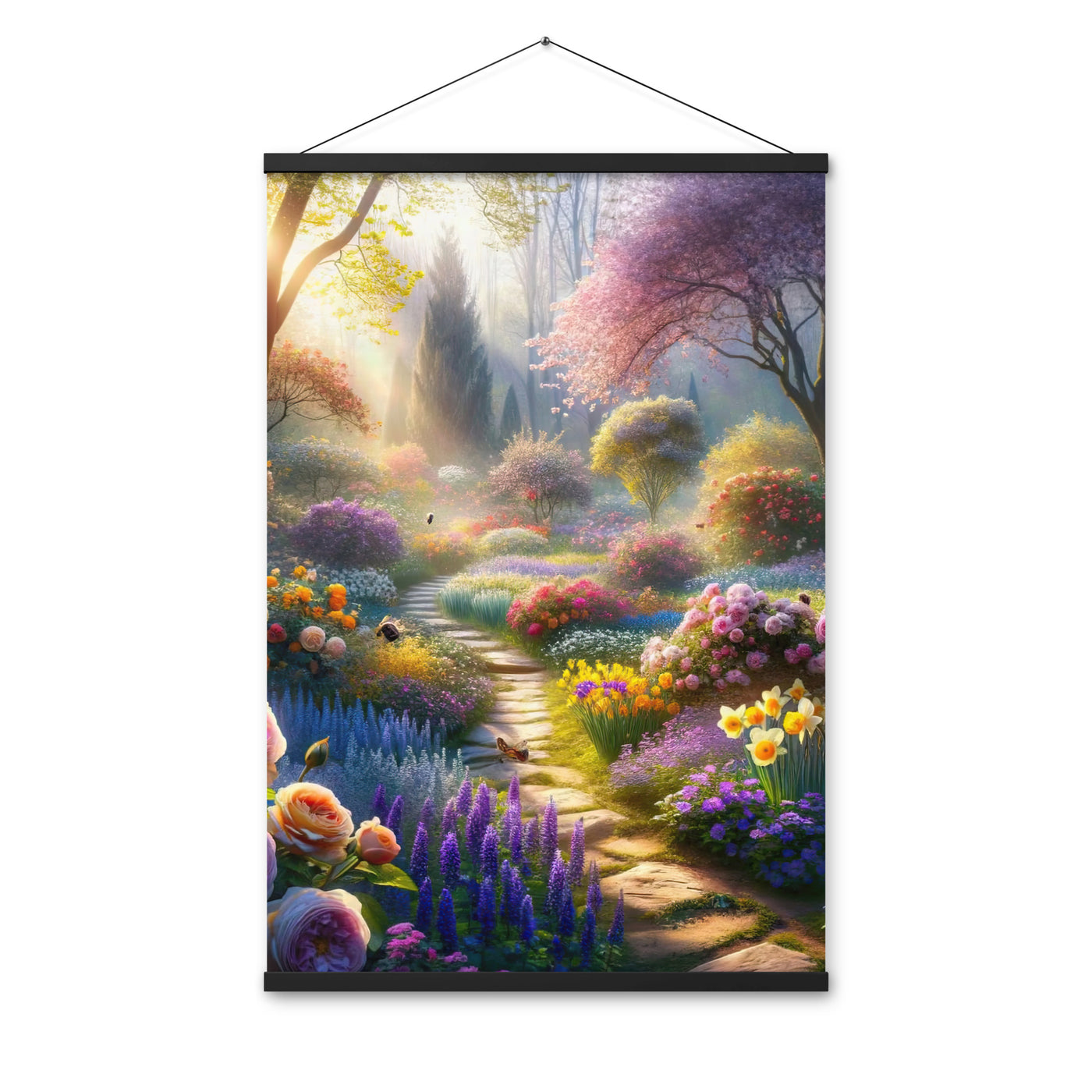 Foto einer Gartenszene im Frühling mit Weg durch blühende Rosen und Veilchen - Premium Poster mit Aufhängung camping xxx yyy zzz 61 x 91.4 cm