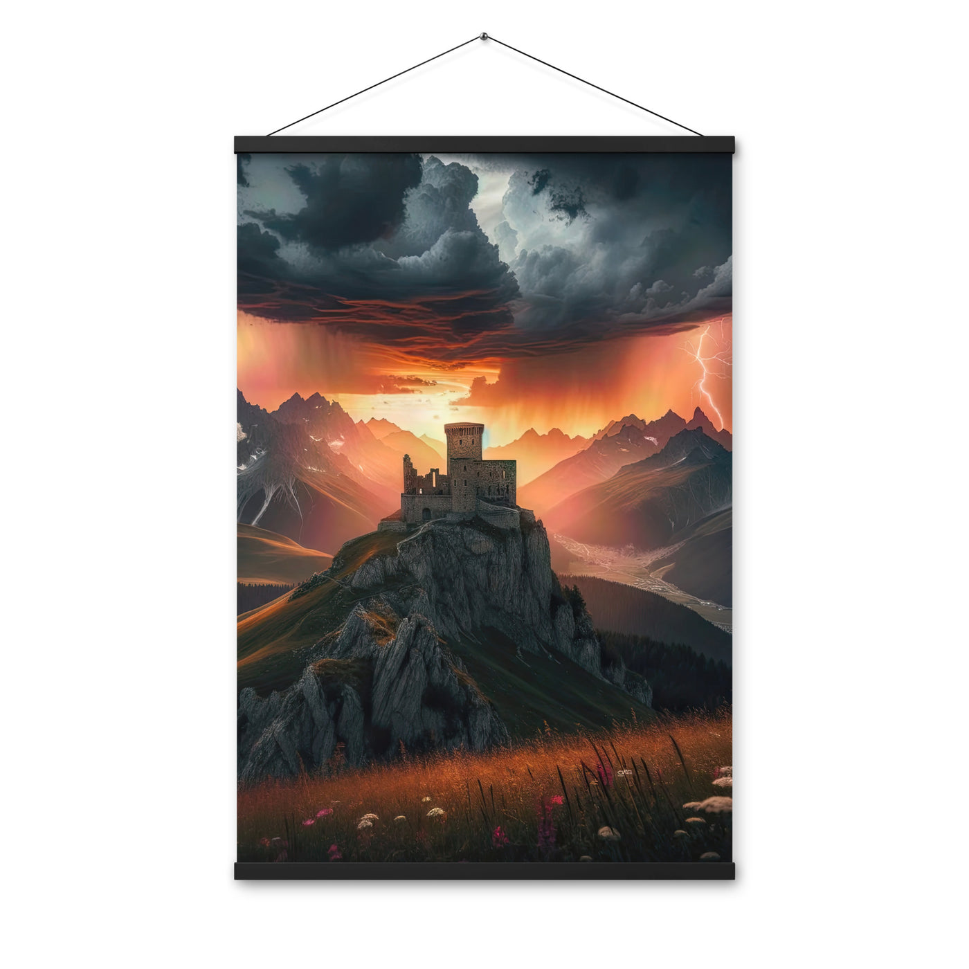 Foto einer Alpenburg bei stürmischem Sonnenuntergang, dramatische Wolken und Sonnenstrahlen - Enhanced Matte Paper Poster With Hanger berge xxx yyy zzz 61 x 91.4 cm