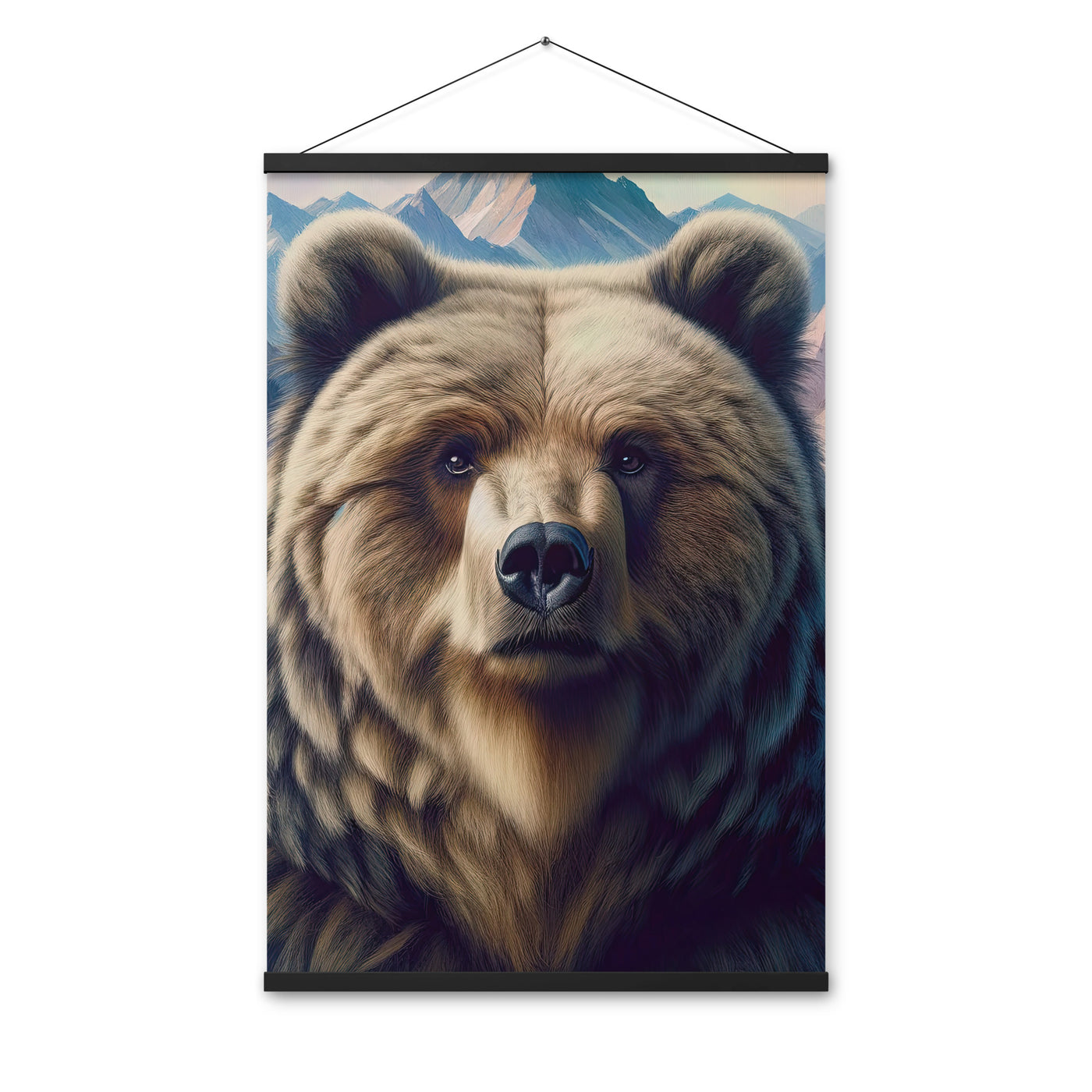 Foto eines Bären vor abstrakt gemalten Alpenbergen, Oberkörper im Fokus - Premium Poster mit Aufhängung camping xxx yyy zzz 61 x 91.4 cm