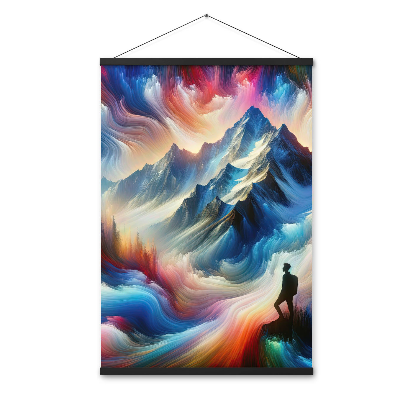 Foto eines abstrakt-expressionistischen Alpengemäldes mit Wanderersilhouette - Premium Poster mit Aufhängung wandern xxx yyy zzz 61 x 91.4 cm