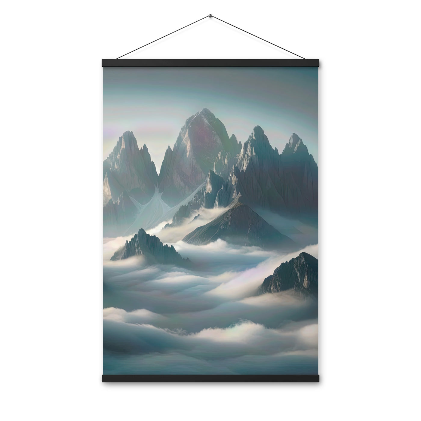 Foto eines nebligen Alpenmorgens, scharfe Gipfel ragen aus dem Nebel - Premium Poster mit Aufhängung berge xxx yyy zzz 61 x 91.4 cm