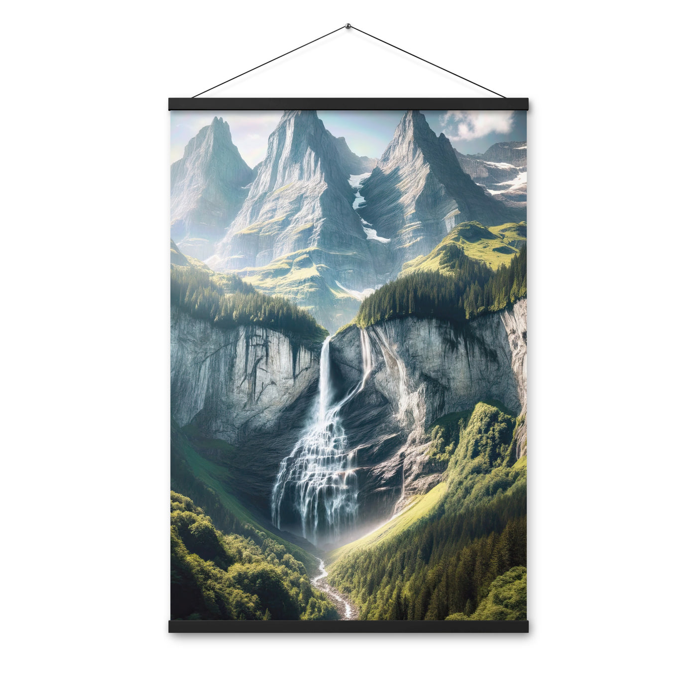 Foto der sommerlichen Alpen mit üppigen Gipfeln und Wasserfall - Premium Poster mit Aufhängung berge xxx yyy zzz 61 x 91.4 cm