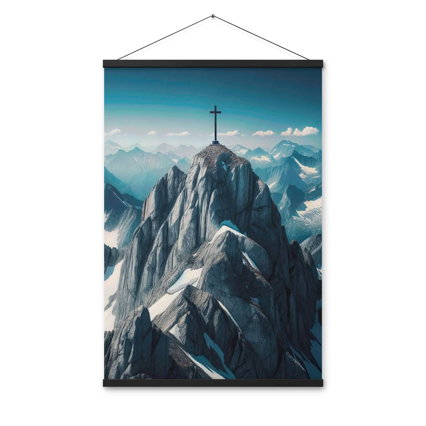 Foto der Alpen mit Gipfelkreuz an einem klaren Tag, schneebedeckte Spitzen vor blauem Himmel - Enhanced Matte Paper Poster With Hanger berge xxx yyy zzz 61 x 91.4 cm
