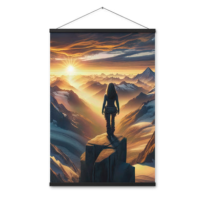 Fotorealistische Darstellung der Alpen bei Sonnenaufgang, Wanderin unter einem gold-purpurnen Himmel - Enhanced Matte Paper Poster With wandern xxx yyy zzz 61 x 91.4 cm