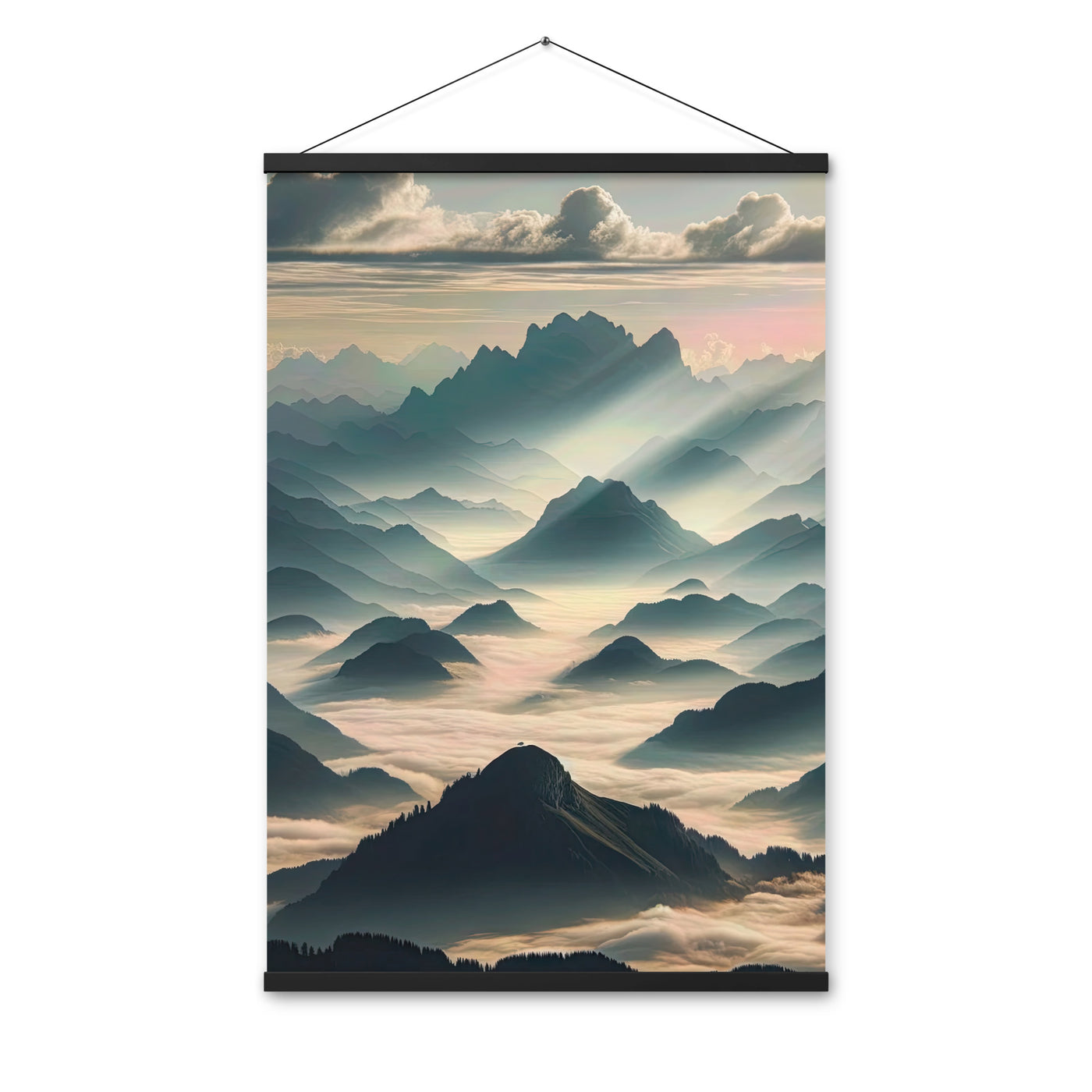 Foto der Alpen im Morgennebel, majestätische Gipfel ragen aus dem Nebel - Premium Poster mit Aufhängung berge xxx yyy zzz 61 x 91.4 cm