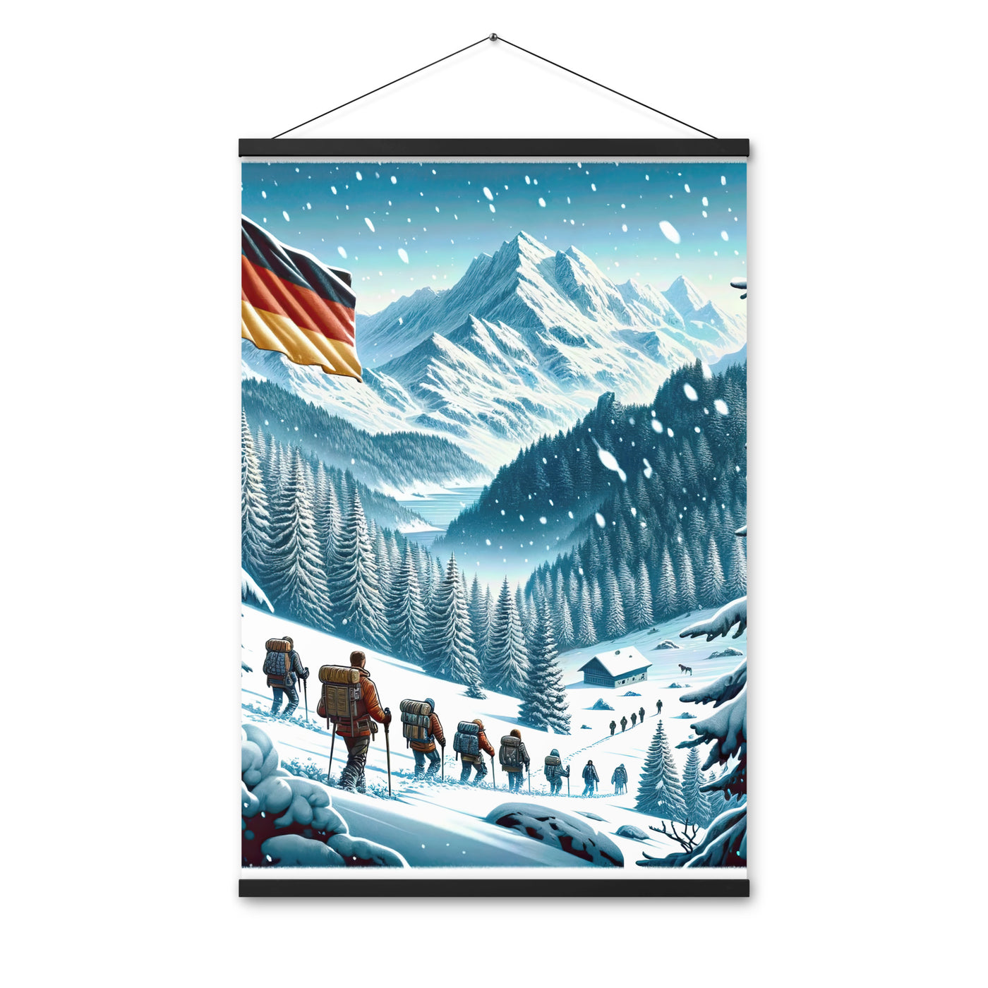 Quadratische Winterillustration der Alpen mit deutscher Flagge und Wanderteam - Premium Poster mit Aufhängung wandern xxx yyy zzz 61 x 91.4 cm