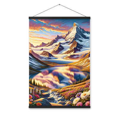 Quadratische Illustration der Alpen mit schneebedeckten Gipfeln und Wildblumen - Premium Poster mit Aufhängung berge xxx yyy zzz 61 x 91.4 cm