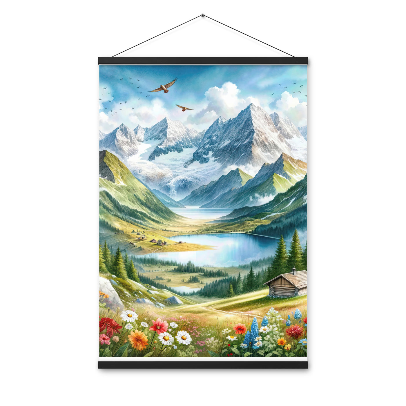 Quadratisches Aquarell der Alpen, Berge mit schneebedeckten Spitzen - Premium Poster mit Aufhängung berge xxx yyy zzz 61 x 91.4 cm