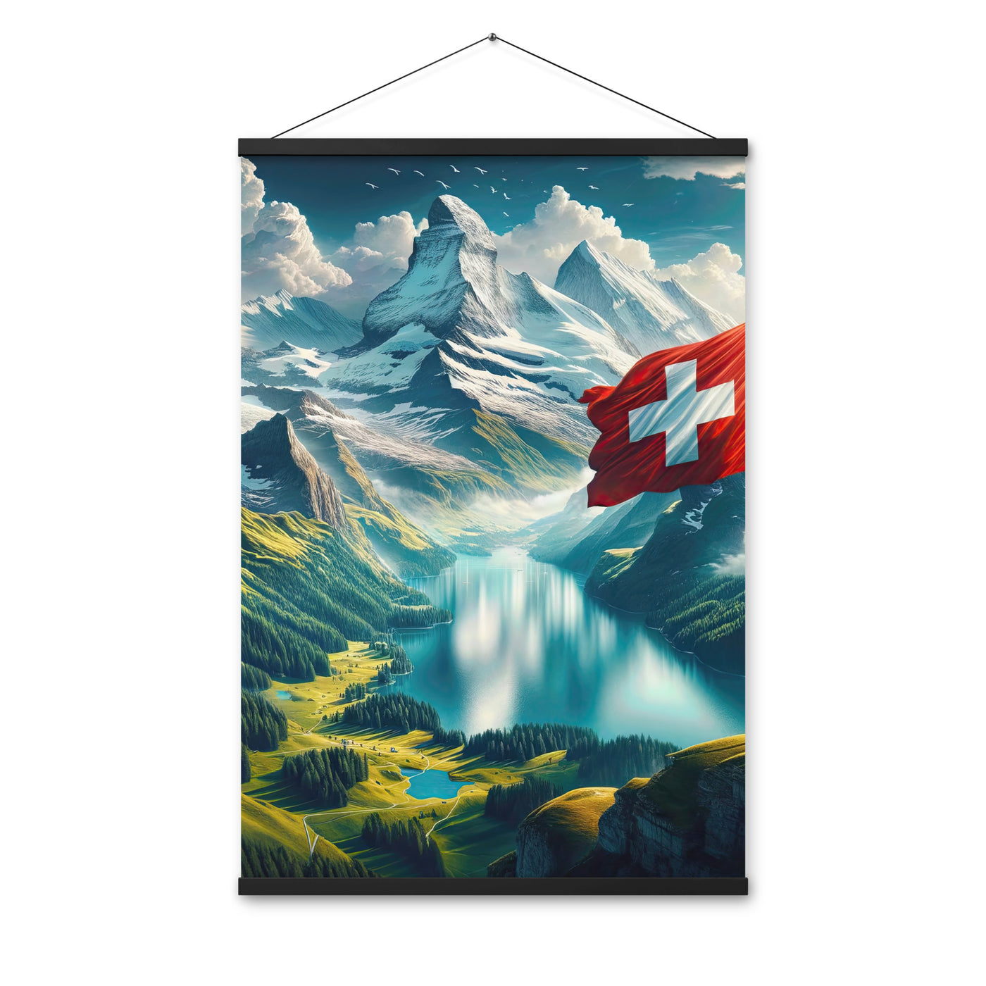 Ultraepische, fotorealistische Darstellung der Schweizer Alpenlandschaft mit Schweizer Flagge - Enhanced Matte Paper Poster With Hanger berge xxx yyy zzz 61 x 91.4 cm