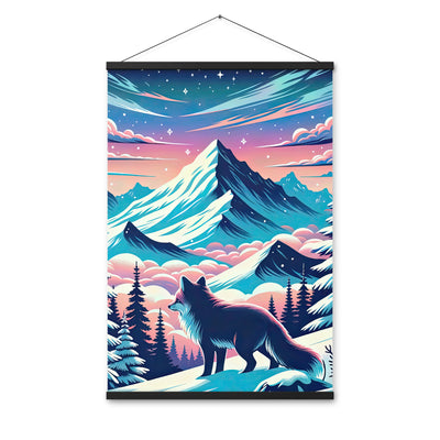 Vektorgrafik eines alpinen Winterwunderlandes mit schneebedeckten Kiefern und einem Fuchs - Premium Poster mit Aufhängung camping xxx yyy zzz 61 x 91.4 cm