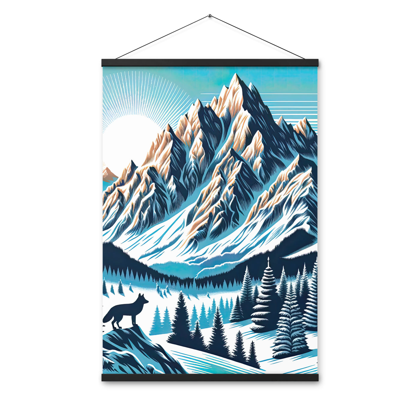 Vektorgrafik eines Wolfes im winterlichen Alpenmorgen, Berge mit Schnee- und Felsmustern - Premium Poster mit Aufhängung berge xxx yyy zzz 61 x 91.4 cm