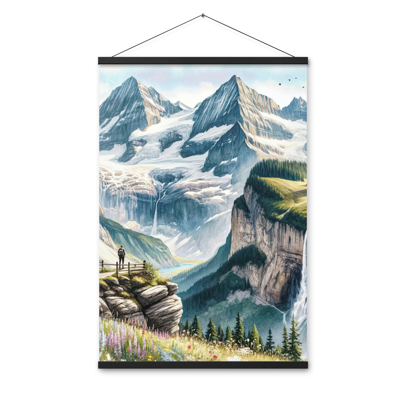 Aquarell-Panoramablick der Alpen mit schneebedeckten Gipfeln, Wasserfällen und Wanderern - Premium Poster mit Aufhängung wandern xxx yyy zzz 61 x 91.4 cm